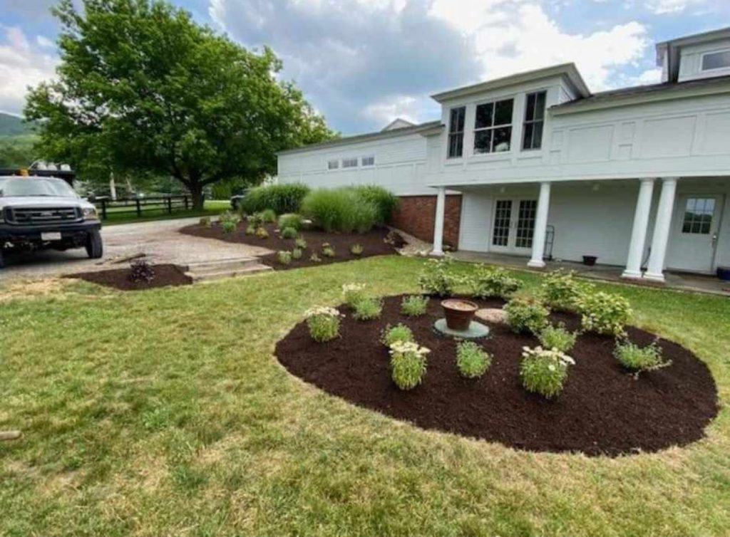 Mulched island bed with shrubs in a front yard by Josh Field Landscaping